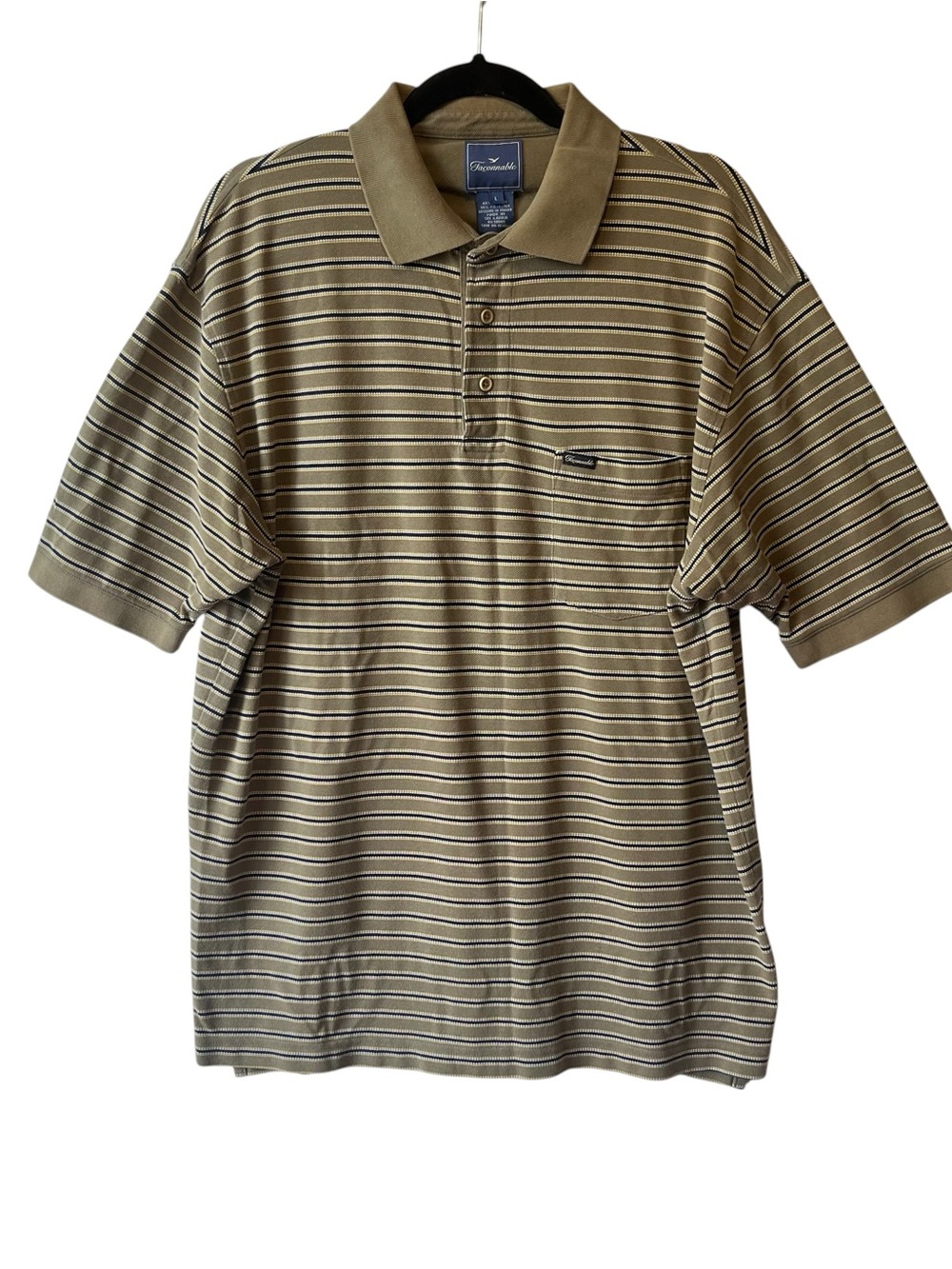 Faconnable knit Polo shirt L Green striped Mens Short sleeves Cotton Polyester